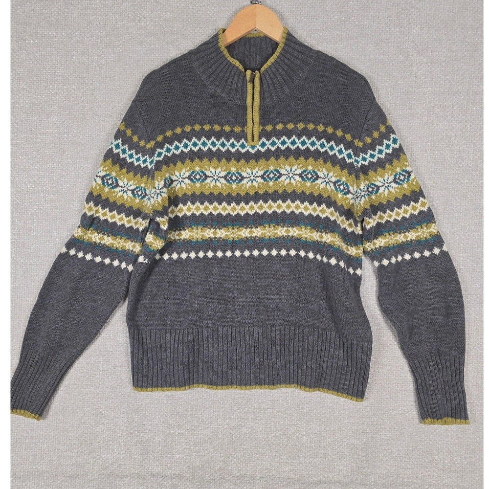 Nomadic Traders Unisex‎ Sweater Size Large Grey Fair Isle 1/4 Zip Boxy Fit